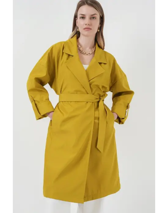 9104 Kruvaze Yaka Astarlı Trençkot - E.Yeşil