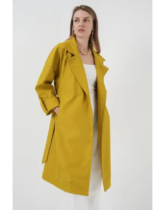 9104 Kruvaze Yaka Astarlı Trençkot - E.Yeşil