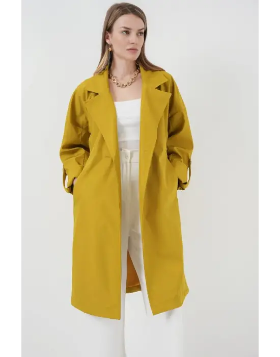 9104 Kruvaze Yaka Astarlı Trençkot - E.Yeşil