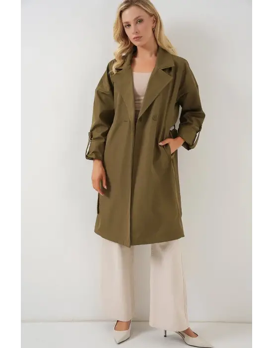 9104 Kruvaze Yaka Astarlı Trençkot - Haki
