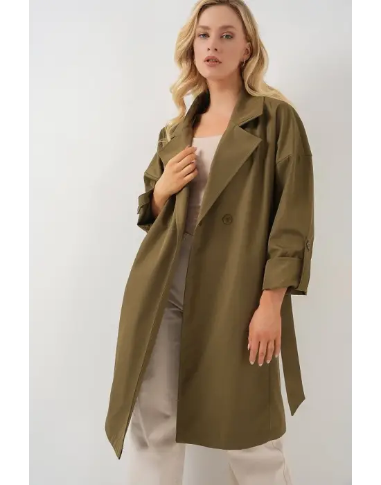 9104 Kruvaze Yaka Astarlı Trençkot - Haki