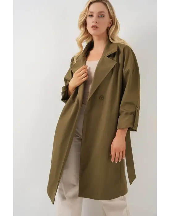 9104 Kruvaze Yaka Astarlı Trençkot - Haki