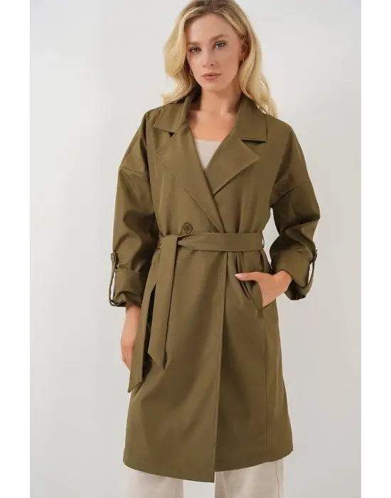 9104 Kruvaze Yaka Astarlı Trençkot - Haki