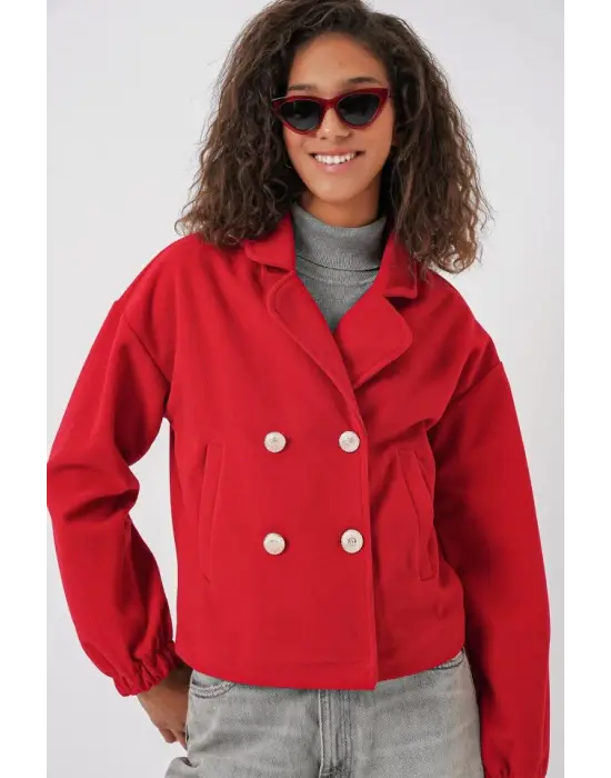 9117 Kruvaze Yaka Crop Ceket - Kırmızı