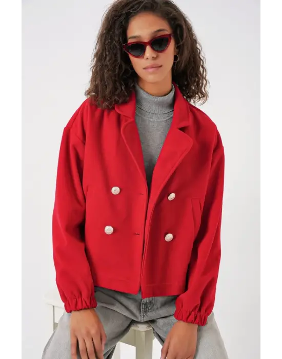 9117 Kruvaze Yaka Crop Ceket - Kırmızı