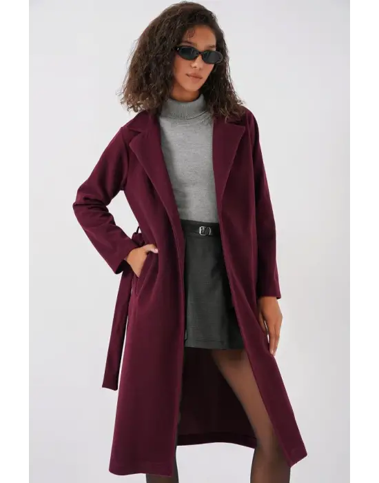 9118 Kruvaze Yaka Kaşe Kaban - Bordo