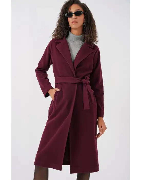 9118 Kruvaze Yaka Kaşe Kaban - Bordo