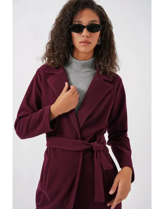 9118 Kruvaze Yaka Kaşe Kaban - Bordo