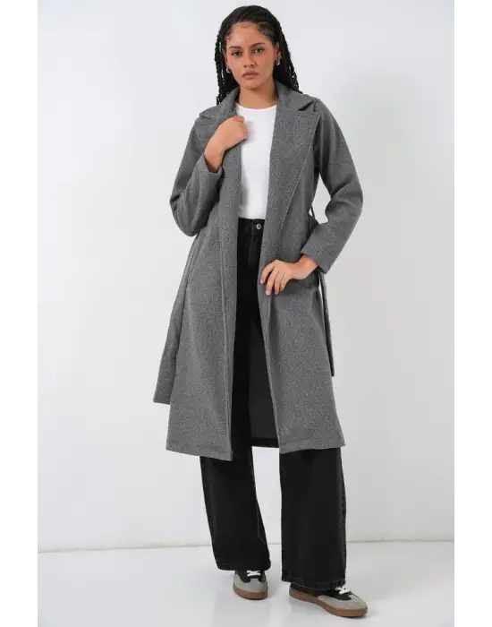 9118 Kruvaze Yaka Kaşe Kaban - Füme