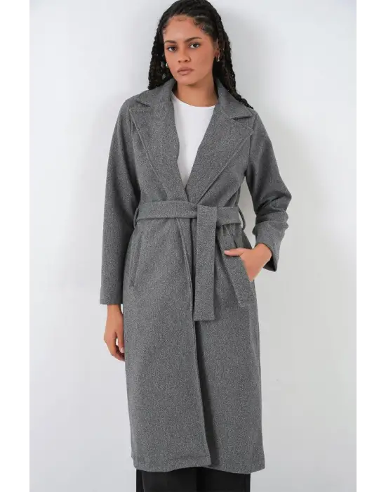 9118 Kruvaze Yaka Kaşe Kaban - Füme