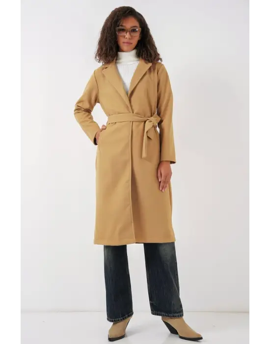 9118 Kruvaze Yaka Kaşe Kaban - Hardal