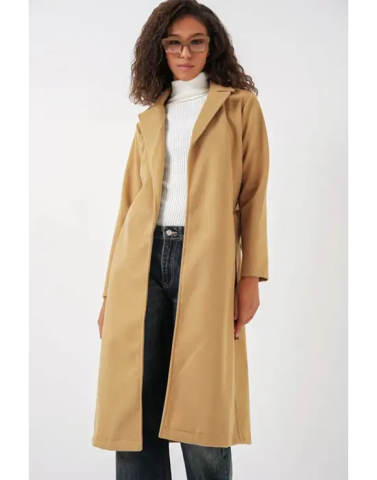 9118 Kruvaze Yaka Kaşe Kaban - Hardal