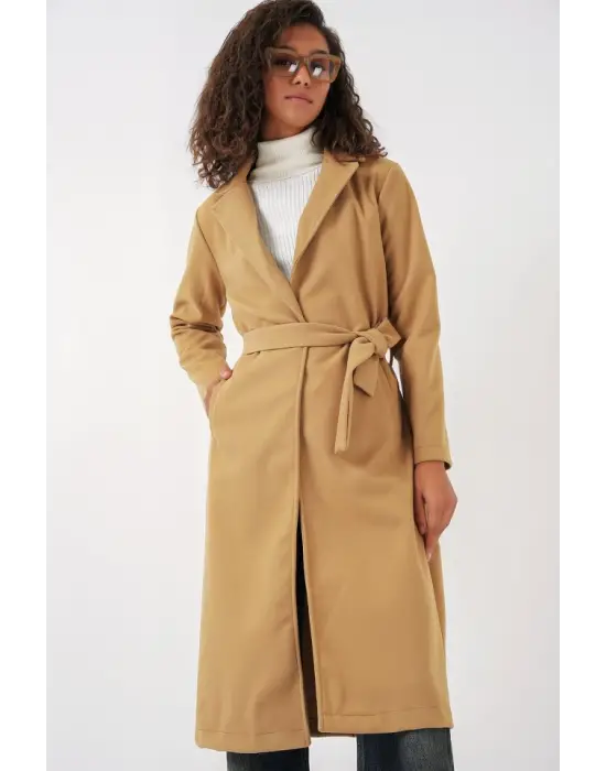 9118 Kruvaze Yaka Kaşe Kaban - Hardal