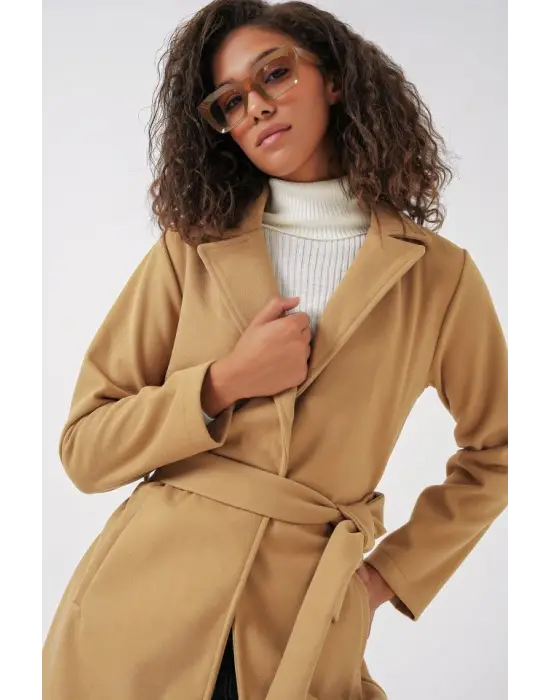 9118 Kruvaze Yaka Kaşe Kaban - Hardal