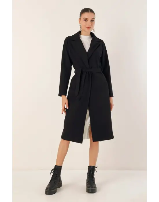 9118 Kruvaze Yaka Kaşe Kaban - Siyah