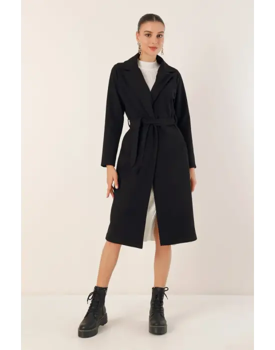 9118 Kruvaze Yaka Kaşe Kaban - Siyah