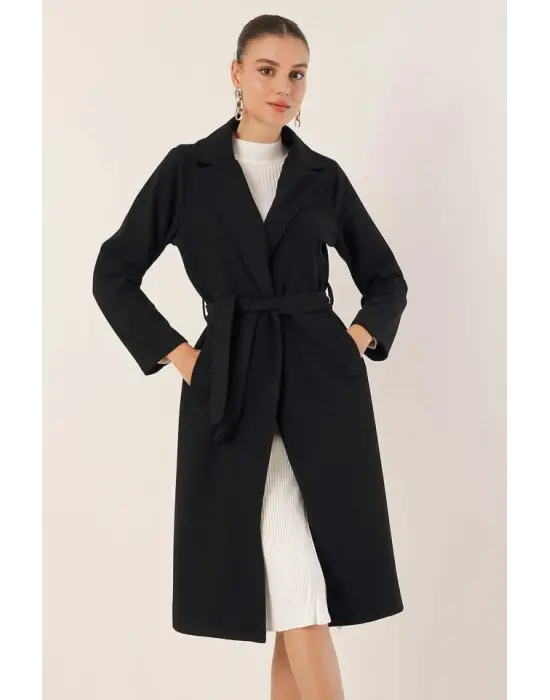 9118 Kruvaze Yaka Kaşe Kaban - Siyah