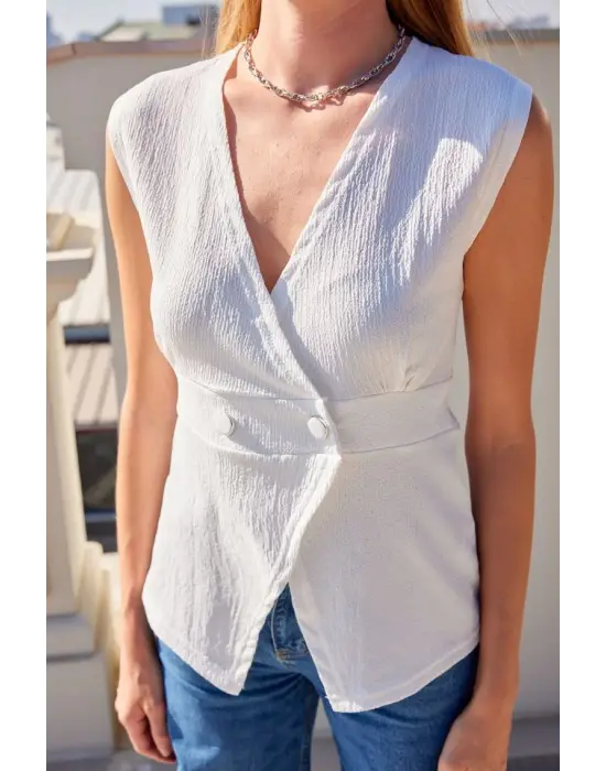 916 Düğme Detaylı Örme Yelek - Beyaz