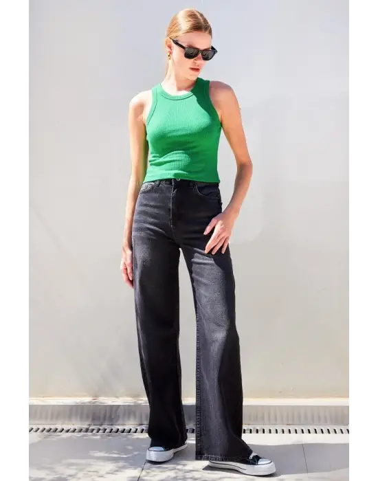 917 Bisiklet Yaka Fitilli Kolsuz Bluz - Yeşil