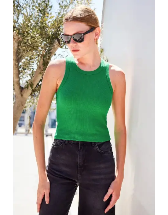 917 Bisiklet Yaka Fitilli Kolsuz Bluz - Yeşil