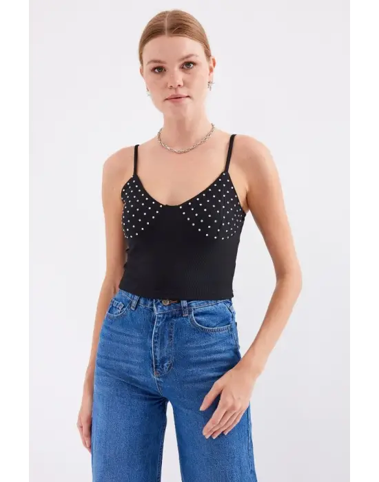 918 İp Askılı Crop Top - Siyah