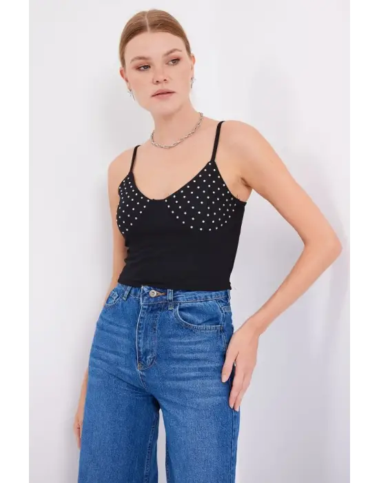 918 İp Askılı Crop Top - Siyah
