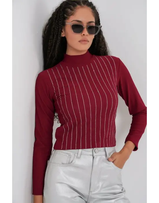 Bordo Taşlı Body Kadın Giyim