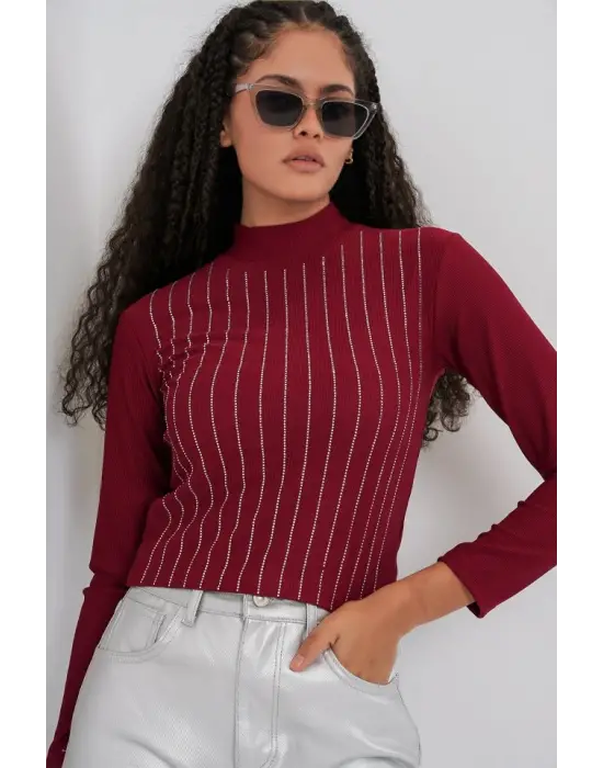 Bordo Taşlı Body Kadın Giyim