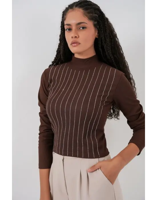 922 Taşlı Body - Kahverengi