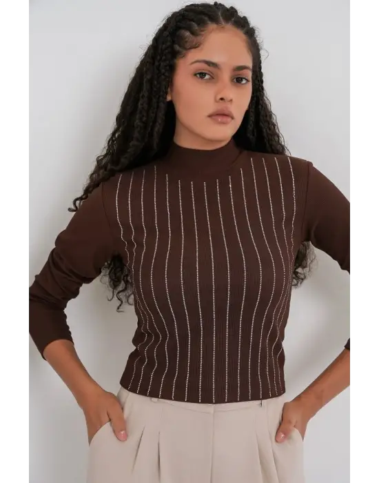 Kahverengi Taşlı Body Kadın Giyim