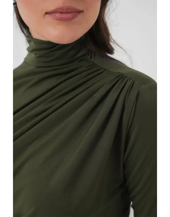 925 Büzgü Detaylı Sandy Bluz - Haki