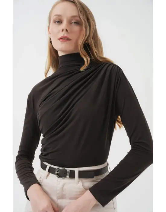 925 Büzgü Detaylı Sandy Bluz - Kahverengi