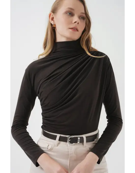 925 Büzgü Detaylı Sandy Bluz - Kahverengi