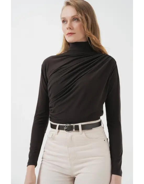 925 Büzgü Detaylı Sandy Bluz - Kahverengi