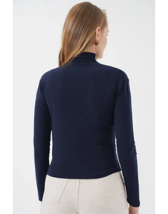 925 Büzgü Detaylı Sandy Bluz - Lacivert