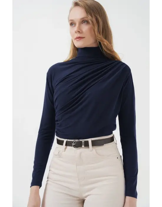 925 Büzgü Detaylı Sandy Bluz - Lacivert