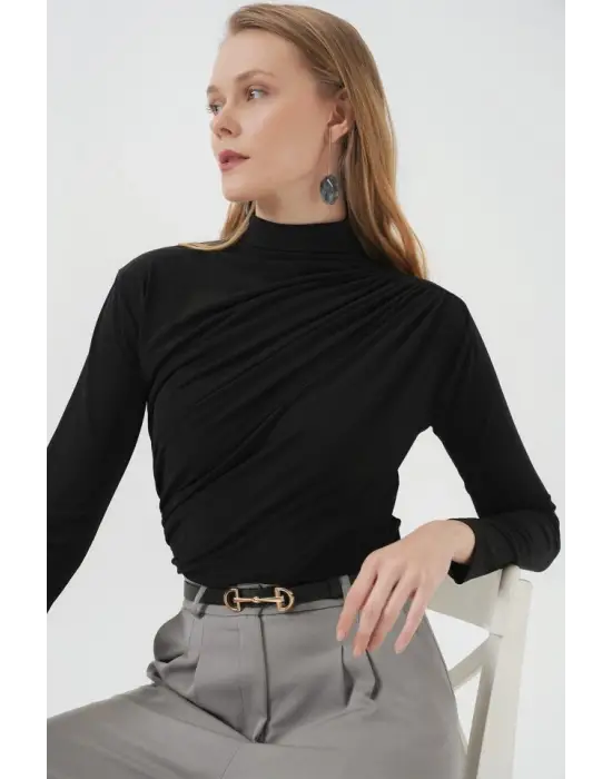 925 Büzgü Detaylı Sandy Bluz - Siyah