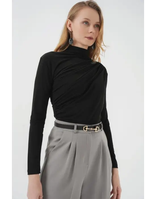 925 Büzgü Detaylı Sandy Bluz - Siyah