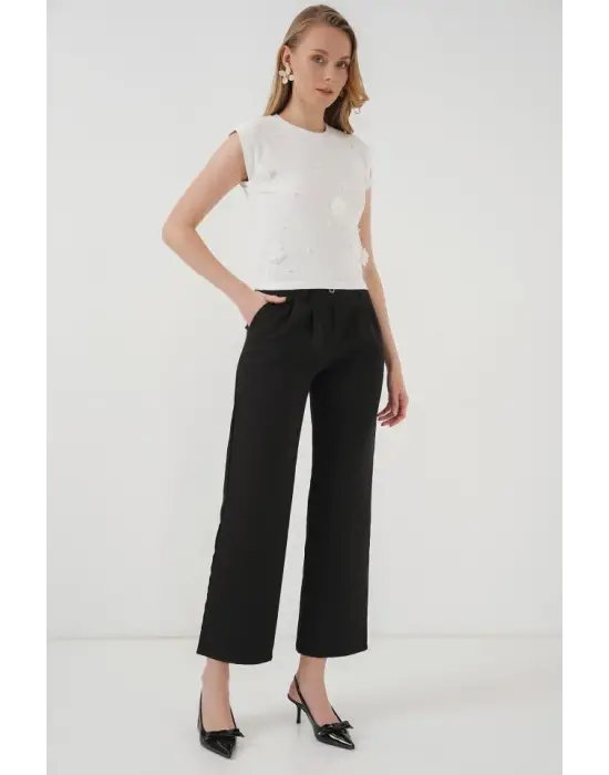 929 Kısa Kol Örme Bluz - Beyaz