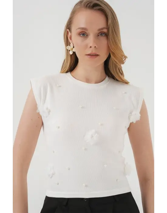 929 Kısa Kol Örme Bluz - Beyaz