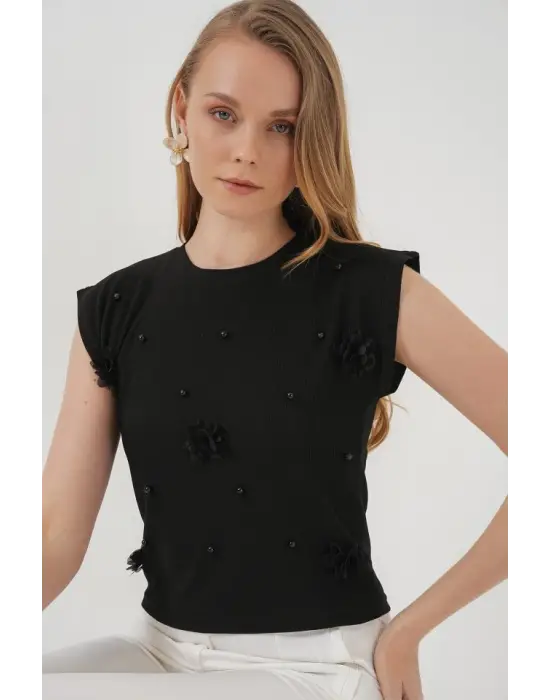 929 Kısa Kol Örme Bluz - Siyah