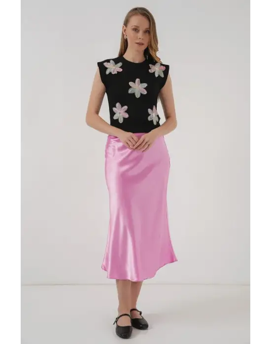 930 Kısa Kol Desenli Crop Bluz - Siyah