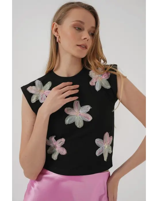 930 Kısa Kol Desenli Crop Bluz - Siyah