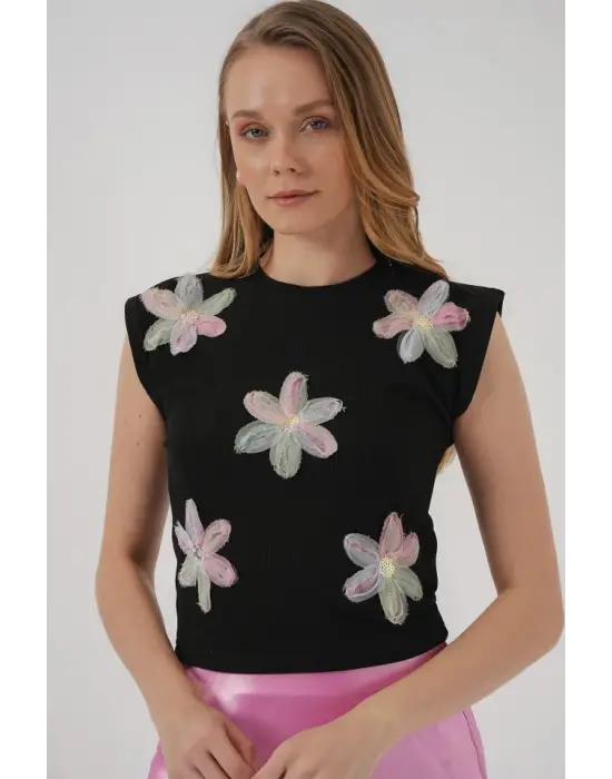 930 Kısa Kol Desenli Crop Bluz - Siyah