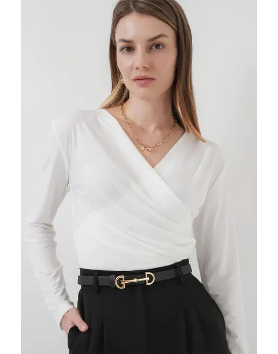 939 Anvelop Yaka Sandy Bluz - Beyaz