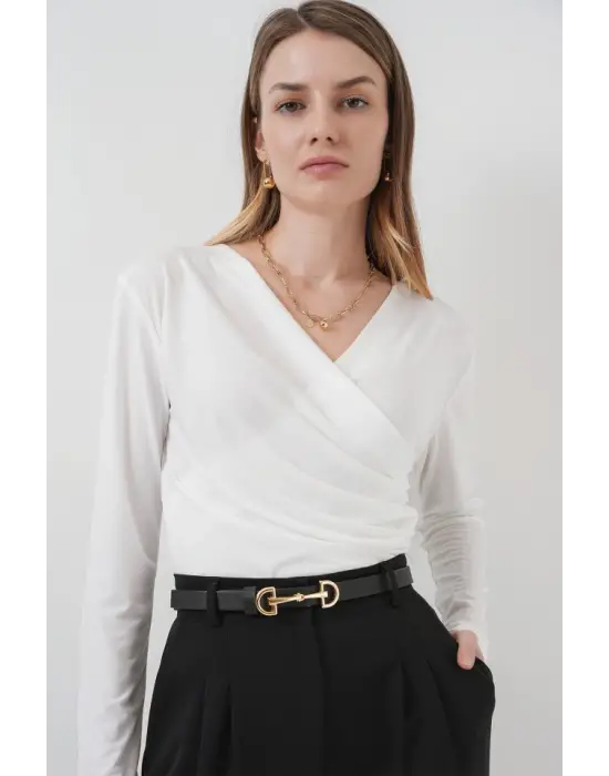 939 Anvelop Yaka Sandy Bluz - Beyaz