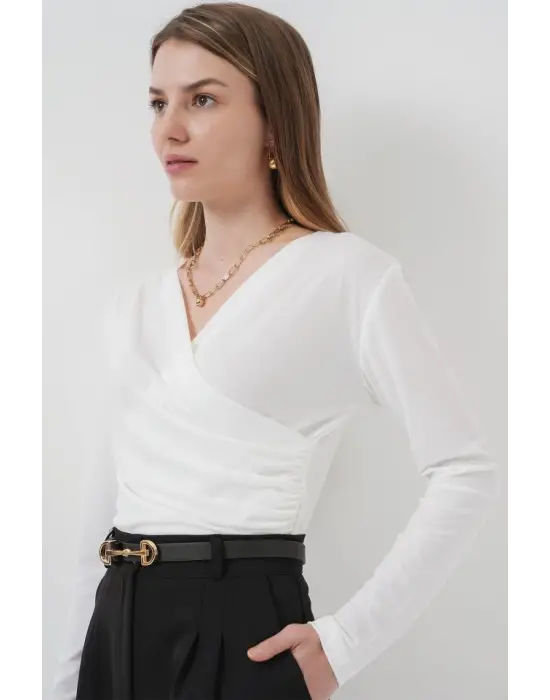 939 Anvelop Yaka Sandy Bluz - Beyaz