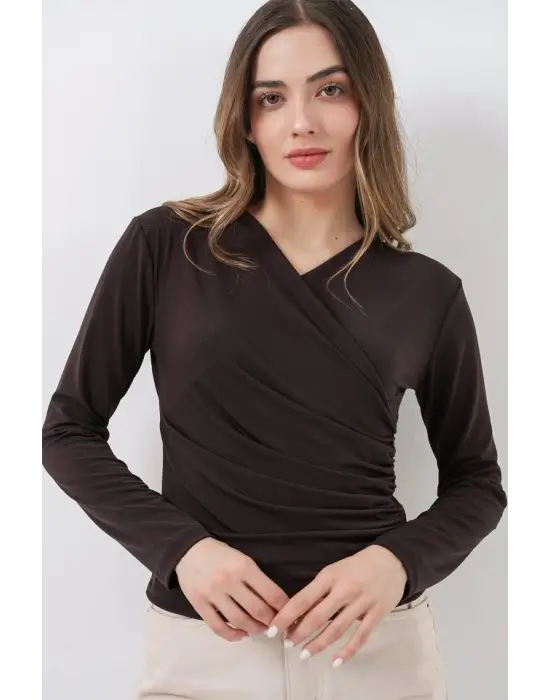 939 Anvelop Yaka Sandy Bluz - Kahverengi