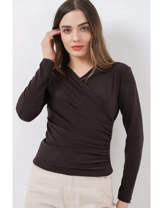 939 Anvelop Yaka Sandy Bluz - Kahverengi