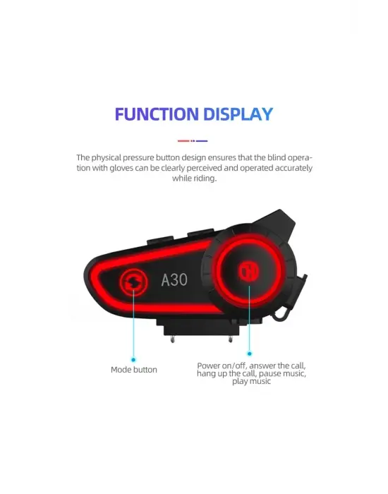 A30 Motosiklet Kask Kulaklık Intercom Işıklı 2 Eşleşme Özellikli